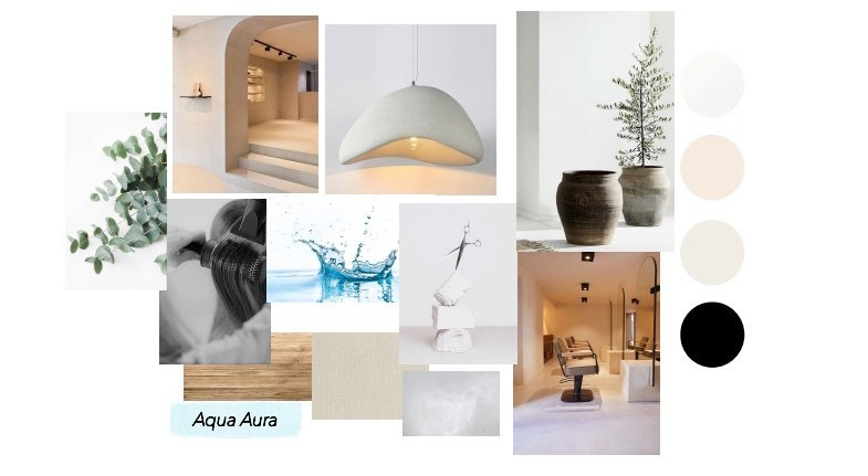 Moodboard de Aqua Aura: materiales naturales, luz cálida, agua y tonos neutros