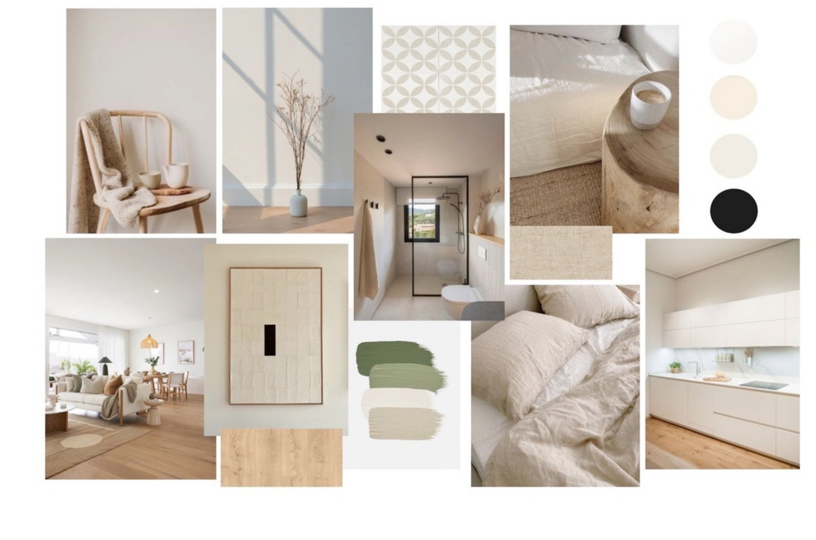 Moodboard de reforma integral en Molins de Rei con tonos neutros, madera natural, verde y negro